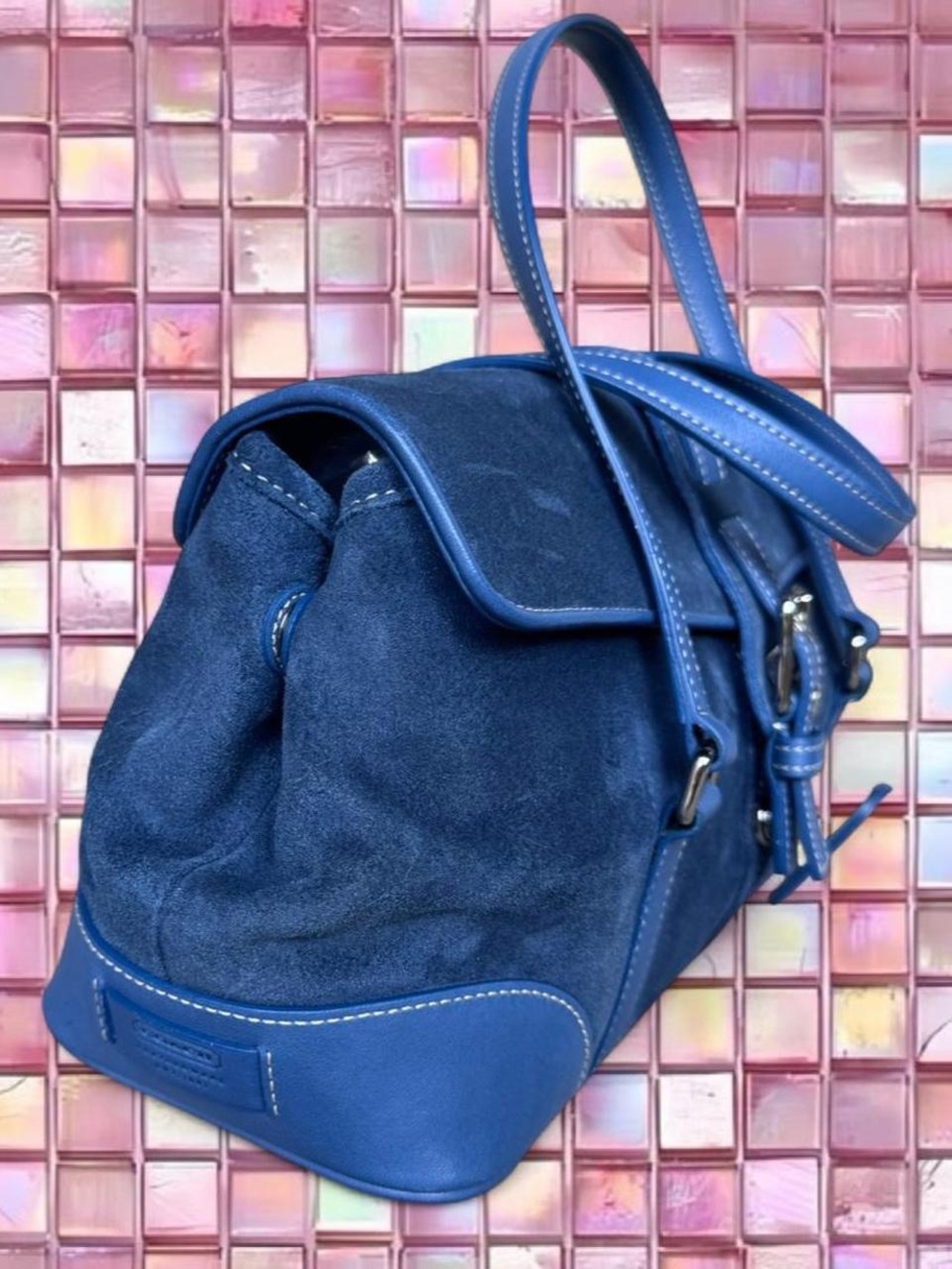 Classic Blue Suede Satchel Handbag - Picture 3 of 6
